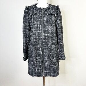 J. Crew Coat Black White Tweed Zip Longline Lady Jacket Fringe‎ Trim Size 8 NWT
